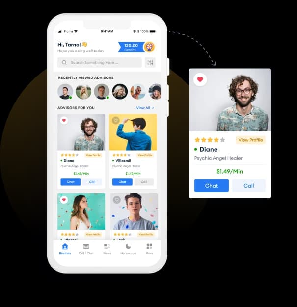 La app Mi Vidente mostrando los expertos recomendados, con la ficha de Diane y su valoración, su tarifa por minuto y los botones de Chat o Llamada.