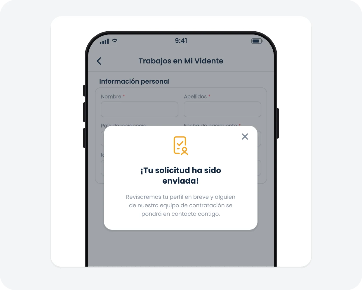 La app Mi Vidente en la pantalla Trabajos en Mi Vidente, con el formulario de solicitud detrás del aviso de que la solicitud ya se ha enviado.
